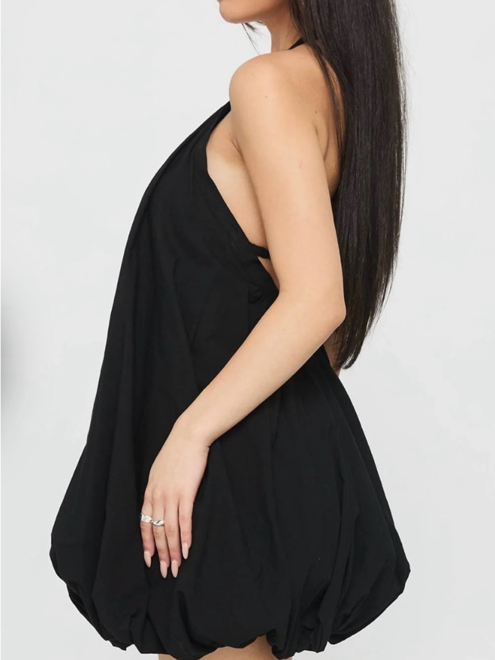 Black Backless Bubble Hem Halter Dress - Women